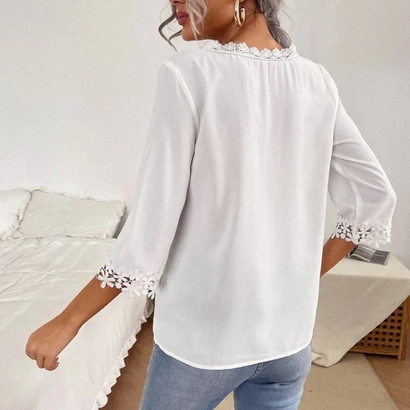 Boho White Crochet floral Lace Solid Blouse - Picture 3 of 5